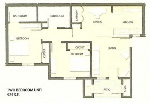Floor plan for 2 beds, 2 baths, 925 sqft